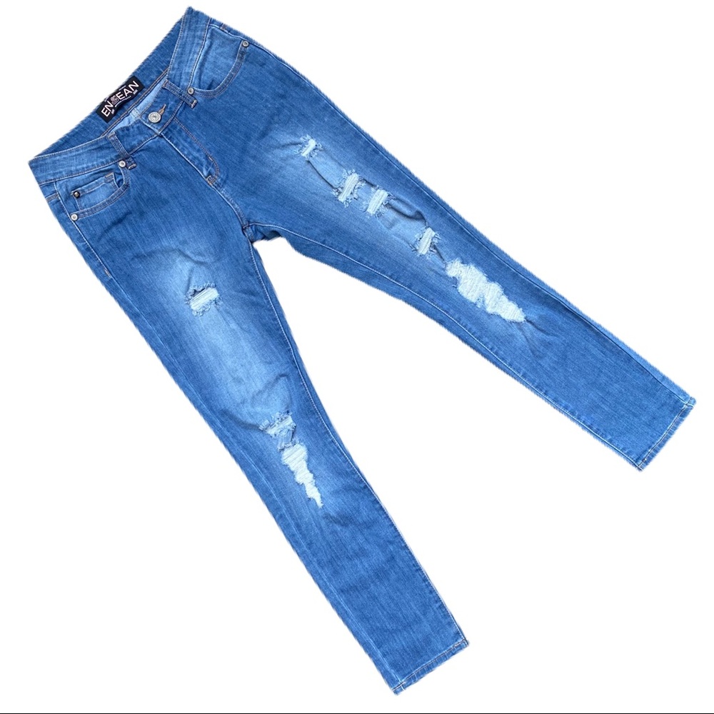 Enjean Distressed Medium Blue Denim Skinny Jeans